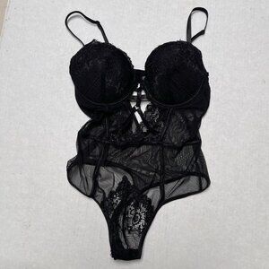 Black Fuchsia Bustier Bodysuit Women Medium Sheer Black Pushup Bra Sexy Lingerie